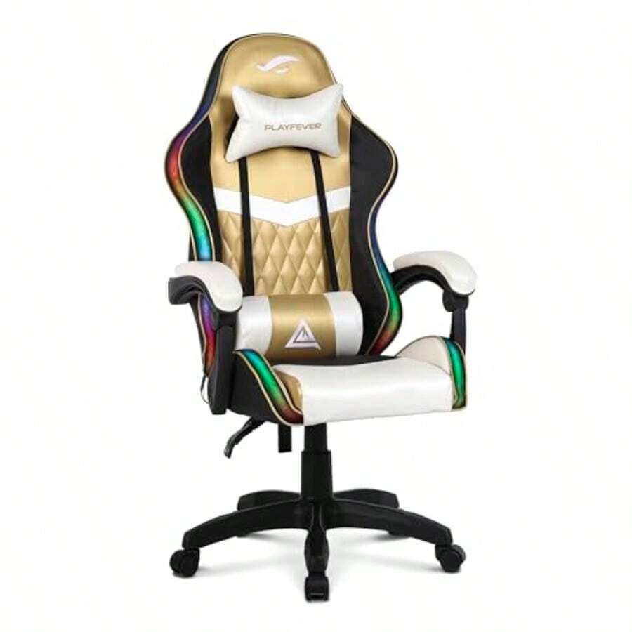 PLAY FEVER Silla Gamer PlayFever Delta Luz RGB Escritorio Ergonómica Reclinable y Ajustable Soporte Lumbar y Espalda Estilo y Funcionalidad Dorado - Dorado - Ver 1