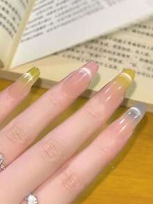 10Pcs Macaron Gradient Press On Nails, Stiletto Fake Nails, Iridescent Glitter, Sweet Fresh Style, Perfect For Daily Casual & Brunch Looks, Easy To Apply - Multicolor - View 3