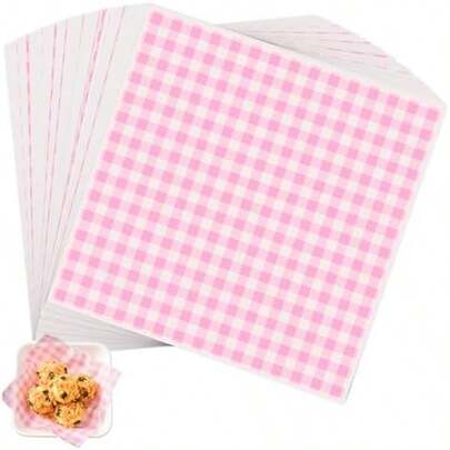 100pcs Waxed  Paper Sheets, 7x7" Food Basket Liners For Sandwiches, Burgers. Pink Checkered  Wrap Wax Paper Sheets By Neyimqr