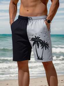 Men's Casual Coconut Tree Print Shorts, Men's Beach Shorts, Men's Printed Colorblock Shorts Sports - Black - View 2