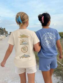 2pcs/Set Tween Girls Students Casual Printed Round Neck Short Sleeve T-Shirt, Summer Tops - Multicolor - View 1