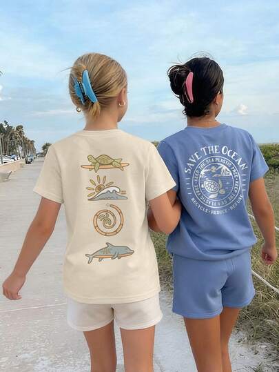 2pcs/Set Tween Girls Students Casual Printed Round Neck Short Sleeve T-Shirt, Summer Tops