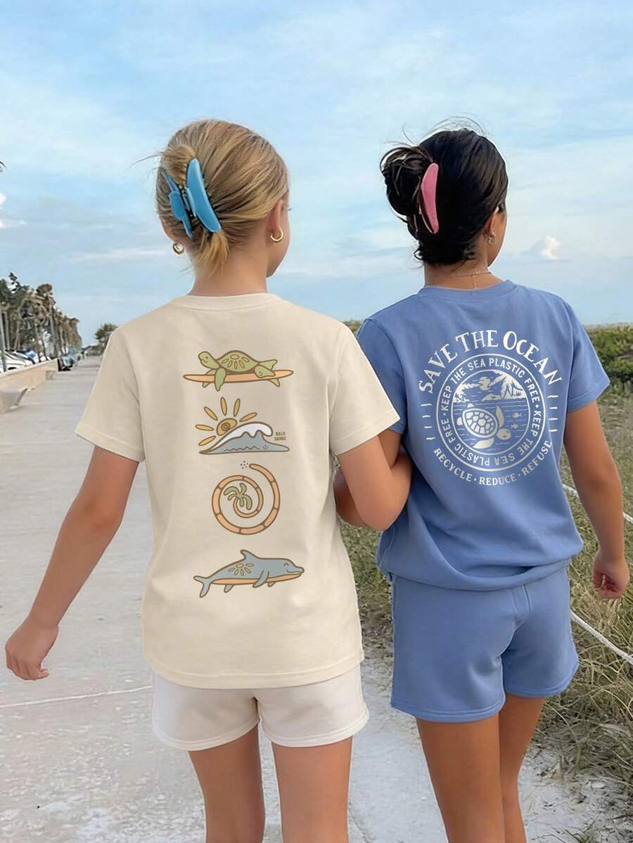 2pcs/Set Tween Girls Students Casual Printed Round Neck Short Sleeve T-Shirt, Summer Tops - Multicolor - View 1