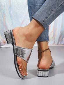 Sandalias de tacón grueso y bajo para mujer, cómodas para usar en interiores/exteriores, sandalias casuales y de moda, adecuadas para primavera, verano, playa y vacaciones - Plateado - Ver 6