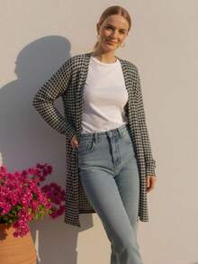 Blusa Feminina Tricot Meia Estação Manga Longa Texturizada Casaco Blazer Casual Tricô Inverno - Preto e Branco - Visão 3