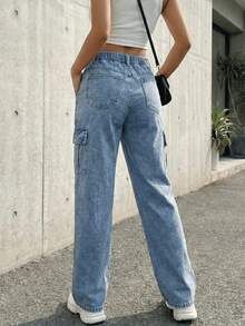 calça jeans cargo feminina larga folgada com bolso multiplo - Azul Empoeirado - Visão 2