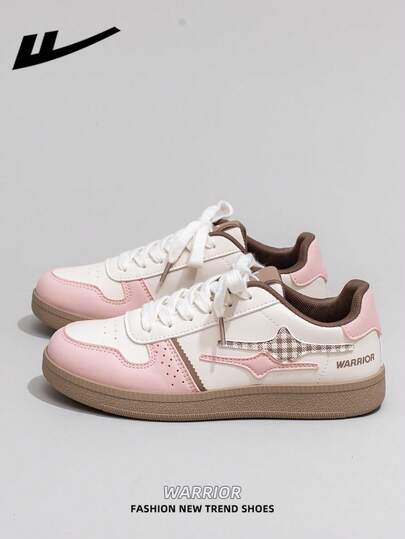  1 Pair WARRIOR Women's Thick Sole Lace-Up Soft Bottom Casual Shoes, Low-Top Outdoor Flat Shoes, Round Toe Low Heel Non-Slip Solid Color Elegant Soft Bottom Hiking Shoes, Suitable For Students, Graduation Photos, Flat Shoes, Low-Top Leather Sports Skateboard Shoes