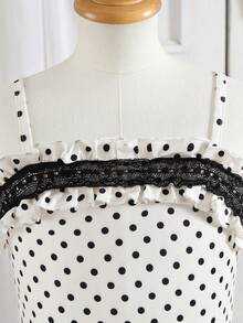 1pc Tween Girl Outdoor Casual Summer Personalized Retro French Black & White Polka Dot Lace Strap Mermaid Hem Dress, Gentle Style, Spring - Multicolor - View 4
