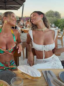 Women's 2 Piece Summer Boho Outfit Lace Trim Ruched Tie Front Crop Top + Lace Trim Flowy Long Maxi Skirts Set Cap Sleeve Vest Bra + Low Waist Skirt Set Summer Beachwear Cover Ups - 白色 - 查看 5