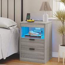 Buró Madera Moderno Con Luz Led Carga Inalámbrica Y Enchufe - Gris - Ver 1