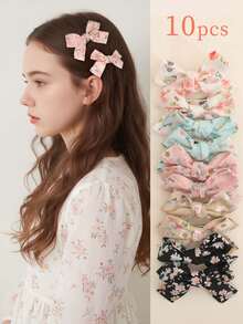10件套花朵蝴蝶结发夹，红色波点蝴蝶结，米色，棕色，黑色格子蝴蝶结发饰，适合日常或返校佩戴 - 彩色 - 查看 4