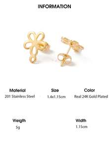 10pcs 201 Stainless Steel Earring Studs With 304 Stainless Steel Posts And Nuts, Diamond/Fish/Flower/Triangle/Rhombus Shapes, Real 24K Gold Plated - Gold - View 13