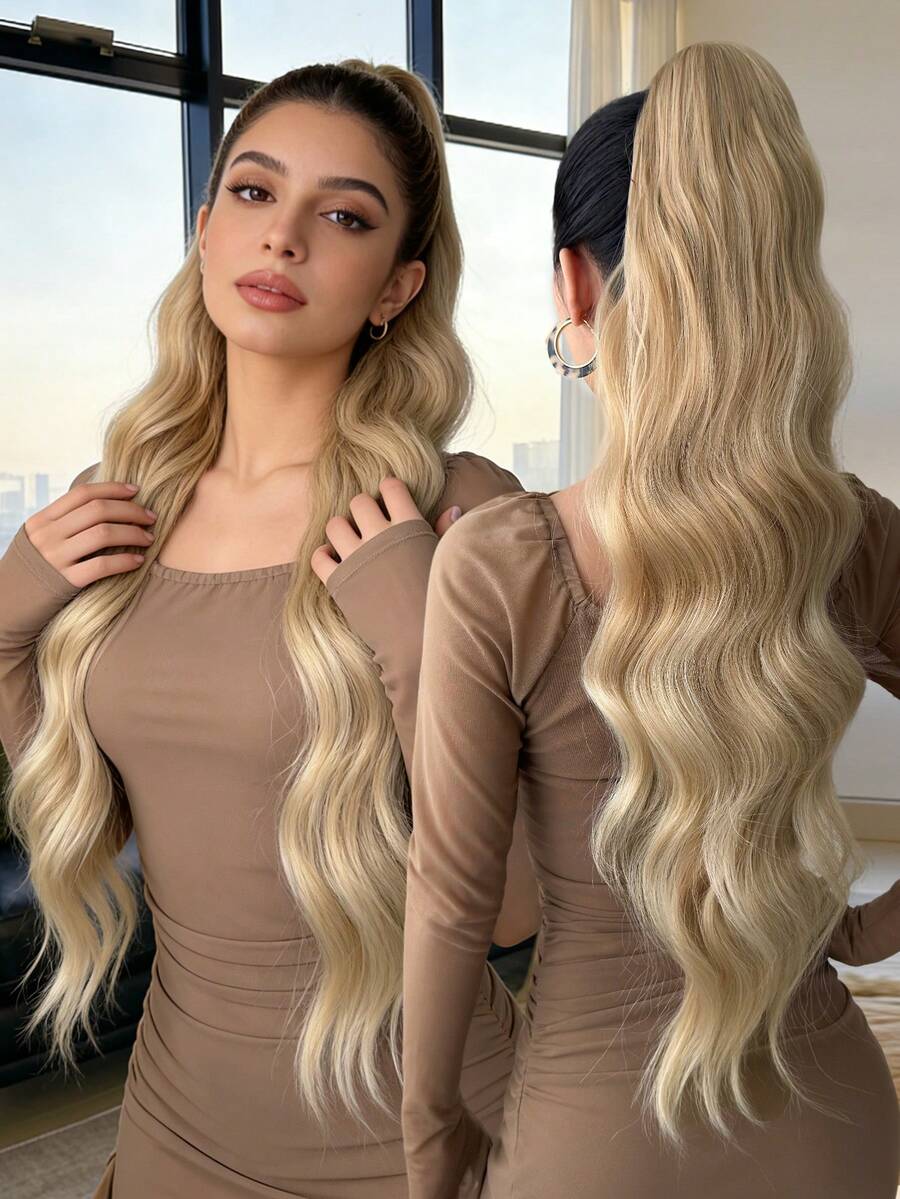 28-Inch Gold Long Wavy Synthetic Heat-Resistant Fiber Ponytail Hair Extension Drawstring Ponytail Hair Accessory, Suitable For Women Party And Daily Use
