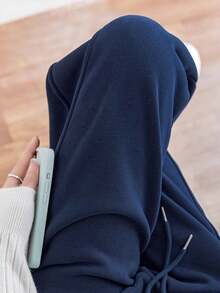 Women's Casual Loose Fit Wide Leg Pants, Versatile Black Relaxed Fit Sweatpants, Comfortable American Style Athletic Trousers - Navy Blue - View 5