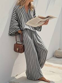 Striped Casual Front Button Loungewear Set - Grey - View 1