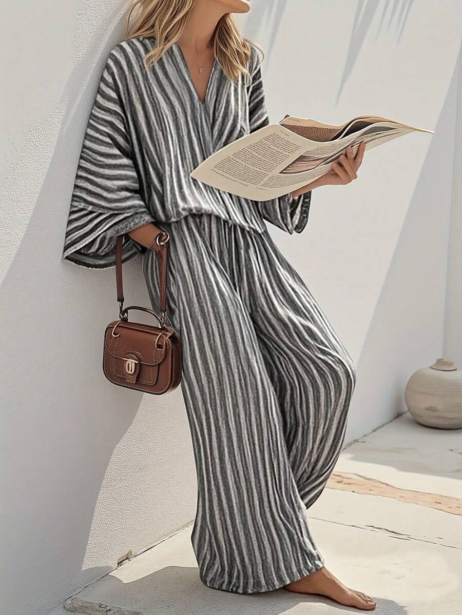 Striped Casual Front Button Loungewear Set - Grey - View 1