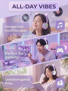 耳罩式无线耳机，可伸缩折叠设计，女性礼物，适合在线课程，缓解压力，HiFi 立体声低音，LED 灯 - 紫色 - 查看 8