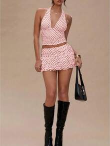 Women Polka Dot Outfits 2 Piece Skirt Sets Vintage Halter V-Neck Top And Ruffle Layered Mini Skirt Summer Y2k Outfits - 粉色 - 查看 1