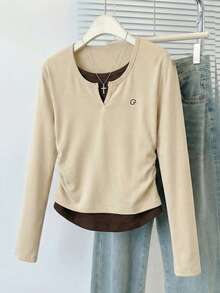 美式休闲刺绣设计收腰长袖T恤，春季修身上衣 - 杏色 - 查看 2