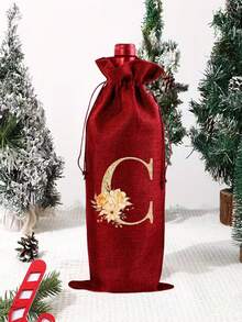 1 Personalized Linen Bottle Storage Drawstring Bag With Flower Gold Initials A-Z Printed On It, Bottle Cover, Coarse Linen Storage Bag, Linen Gift Bag, Wine Set, Beer Bottle Set, Bar Table Atmosphere Set. Equipped With A Drawstring To Prevent Dust, Reusable And Durable, Used For Storing Wine Bottles. - Multicolor - View 5