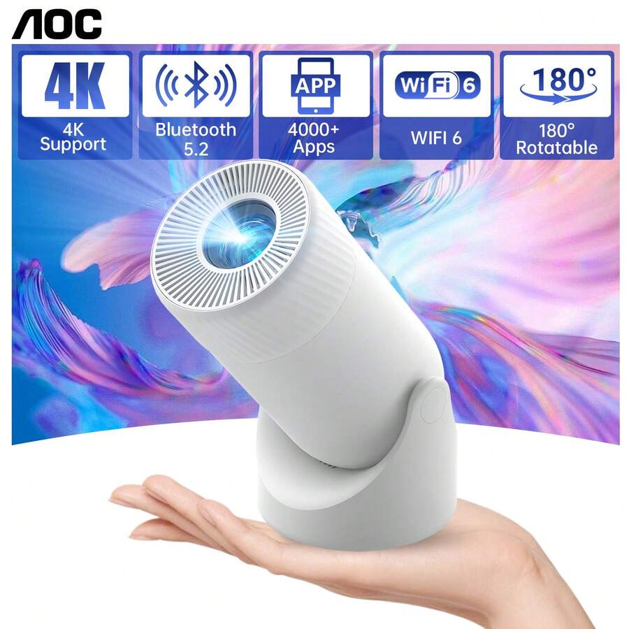 AOC Mini Projector With WiFi And Bluetooth, Portable Full HD 4K Projector With 180° Rotation Adjustment, 8000 Lumens, 220 ANSI Lumens, Automatic Keystone Correction, Home Projector For Phone/Laptop