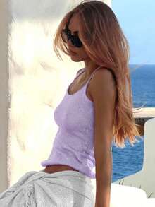 2025夏季性感亮粉色吊带针织背心，女士度假沙滩装 - 淡紫色 - 查看 6