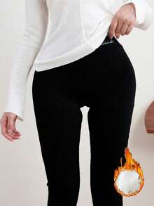 Winter Sport Tights High Waist Thick Wool Letter Embroidery Warm Velvet Thick Thermal Fleece Winter Women, Cozy(Multiple Styles And Colors, Randomly Dispatched) - Black - View 5