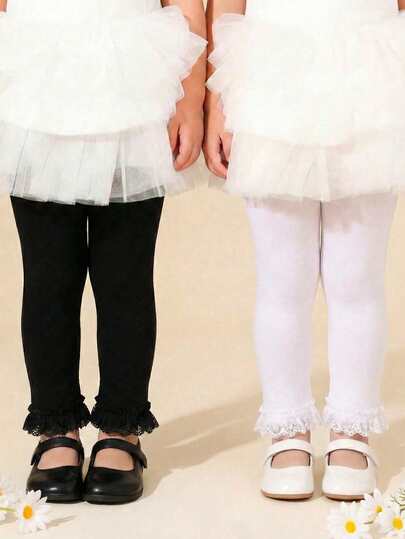 两件装柔软弹力婴儿九分裤，蕾丝边饰防滑设计，女童洛丽塔风七分打底裤，适合日常穿着，超柔软透气，无束缚感，0-36个月宝宝适用，春夏防蚊虫叮咬，适合特殊场合，婴儿裤，女童打底裤，蕾丝裤，防蚊裤，七分裤，返校礼物，女童假日衣橱