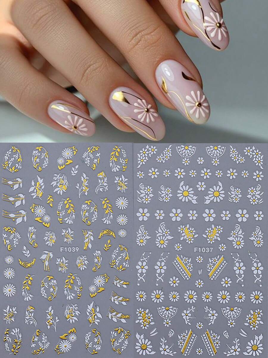Bộ 2 miếng dán móng tay hình hoa cúc mùa xuân và lá, màu vàng trắng, hình cánh hoa 3D tự dính, dùng để trang trí móng tay, phụ kiện làm móng, miếng dán móng tay. - Nhiều màu - Xem 1
