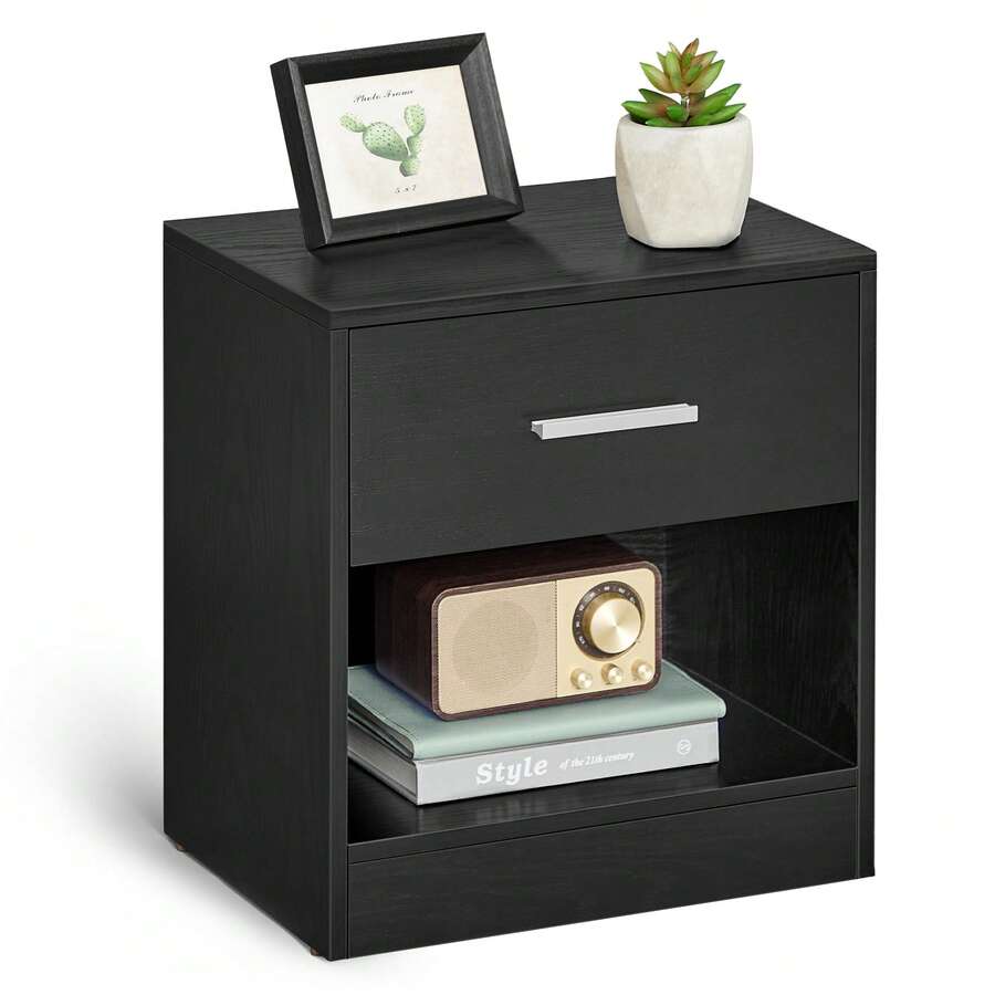 VASAGLE Side Table, Nightstand, With Drawer, Open Compartment, Handle, For Bedroom, Living Room, Ink Black MLET619T56