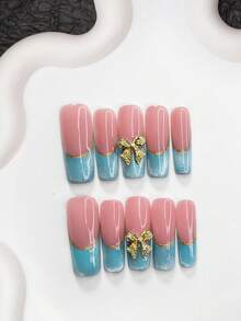 Bộ 10 móng tay giả gel đa giác thời trang thanh lịch, móng giả acrylic dán, phụ kiện nơ vàng, thiết kế móng kiểu Pháp màu xanh lấp lánh, thiết kế ombre vàng, món quà lý tưởng cho phụ nữ và bé gái, bao gồm dụng cụ làm móng (1 miếng dán gel + 1 dũa móng), 3 kích cỡ: hình hạnh nhân, hình mỏ vịt, hình quan tài, phù hợp cho sử dụng hàng ngày, dự tiệc, chụp ảnh, đám cưới, văn phòng và các dịp khác. Móng giả dán thủ công. - Nhiều màu - Xem 17