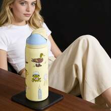 OWALAO 32oz Pastel Yellow Cartoon Animal Print Stainless Steel Insulated Water Bottle With Blue Flip-Top Lid, Double-Wall Vacuum Travel Flask For Office Desks, Weekend Hikes & Daily Hydration, Ideal Christmas & Halloween Gift For Family, Friends & Animal Lovers - Yellow - View 4