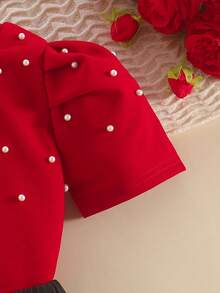 Conjunto de 2 peças com Top de Gola Redonda e Manga Bufante com Decoração de Pérolas e Saia com Bainha Franzida e Cintura Elástica, Estilo Vintage, Primavera/Verão - Vermelho - Visão 4