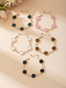 5件套奢华高端闪亮四叶草女士手链套装，多色搭配，可叠戴/百搭佩戴 - 彩色 - 查看 3