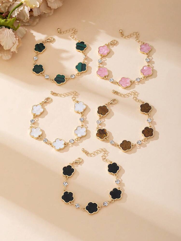 5件套奢华高端闪亮四叶草女士手链套装，多色搭配，可叠戴/百搭佩戴 - 彩色 - 查看 3