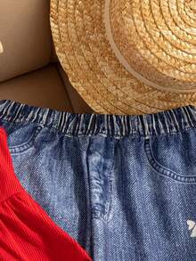Ținută casual pentru fete, 2 buc.: Top fără mâneci, culoare solidă, cu design cu fundă 3D și pantaloni drepți cu talie elastică și fundă. - roșu - Vizualizare 7