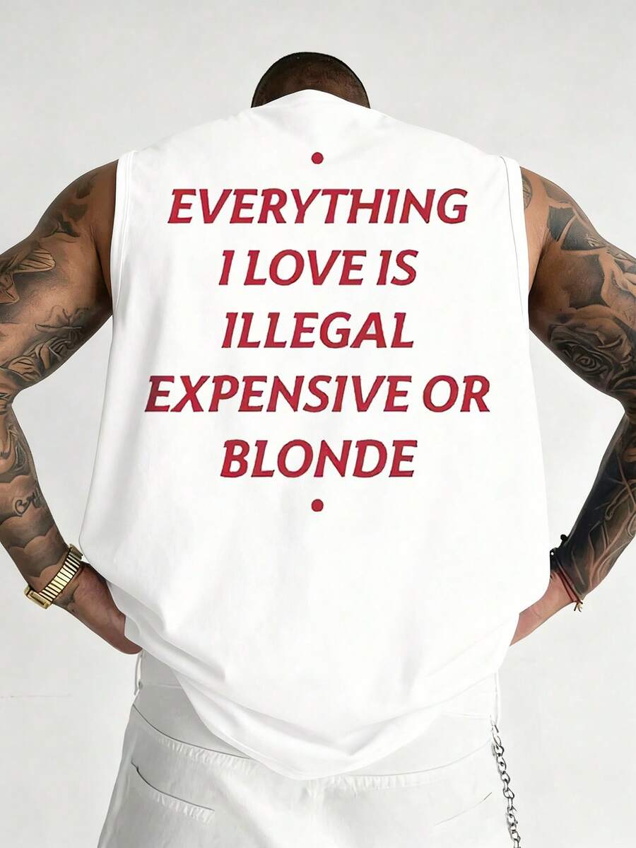 Men's Fashionable Casual Versatile Slogan Print Crew Neck Sleeveless Minimalist Tank Top - White - View 1