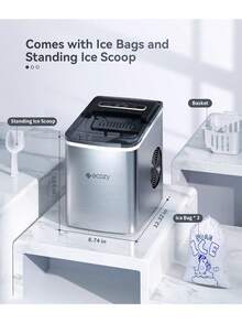 Máquina de Hielo, 9 Cubos Listos en 6 Minutos hasta 12kg por Día, Autolimpieza con Bolsas de hielo y Cuchara de Pie, Acero Inoxidable - por defecto - Ver 5