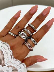 6件套女士镀金开口手镯戒指套装，镶嵌粉色和黑色宝石 - 可调节的个性饰品，适合女性佩戴，适合ins风派对和日常佩戴 - 彩色 - 查看 3