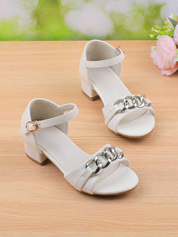 Girls' Fashion White Simple Open Toe Breathable Lightweight Summer Sandals, Elegant High Heel Dress Shoes For Formal Occasions, Parties, Weddings, Performances, Suitable For Little, Medium And Big Girls - White - View 3