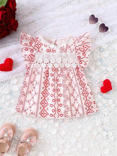 Young Girls' Sweet & Fashionable Floral Print Lace Trim Blouse, Summer