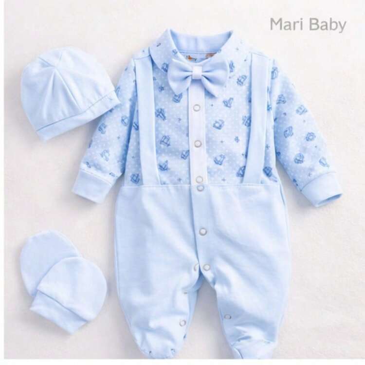 Maribaby Linens Saída Maternidade Bebê Menino Luxo 4 Peças 100% Algodão Igor Suspensório Coroa Social - Azul bebê - Visão 4
