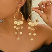 1 par de pendientes colgantes con borlas y discos martillados enlazados, elegantes y creativos, adecuados para viajes, vacaciones, regalos, fiestas y uso diario - Negro - Ver 8
