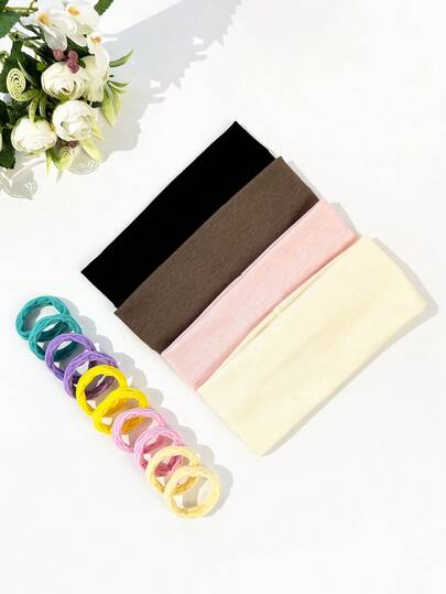 休闲百搭简约纯色运动发带及发圈套装 健身发带 跑步发饰 瑜伽头巾 运动吸汗带 时尚女士头巾