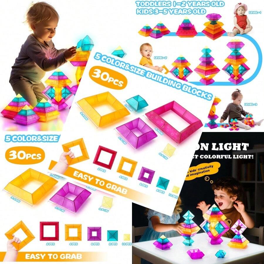 Building Block Sets For 3 4 5 6 Year Old 30 Pcs Stacking Blocks Toys For Boys Girls STEM Preschool Learning Activities Educational Light Table Toys Gifts For ToddlersFull Of Fun - As Pic - View 1