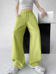 女士休闲宽松阔腿裤，舒适百搭黑色运动裤，适合返校季穿着 - 綠色 - 查看 4