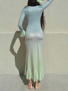 Y2K Inspired Gradient Dress V Neck Long Sleeve Wrap Hem Retro Daily Dress - Màu xanh lam - Xem 4