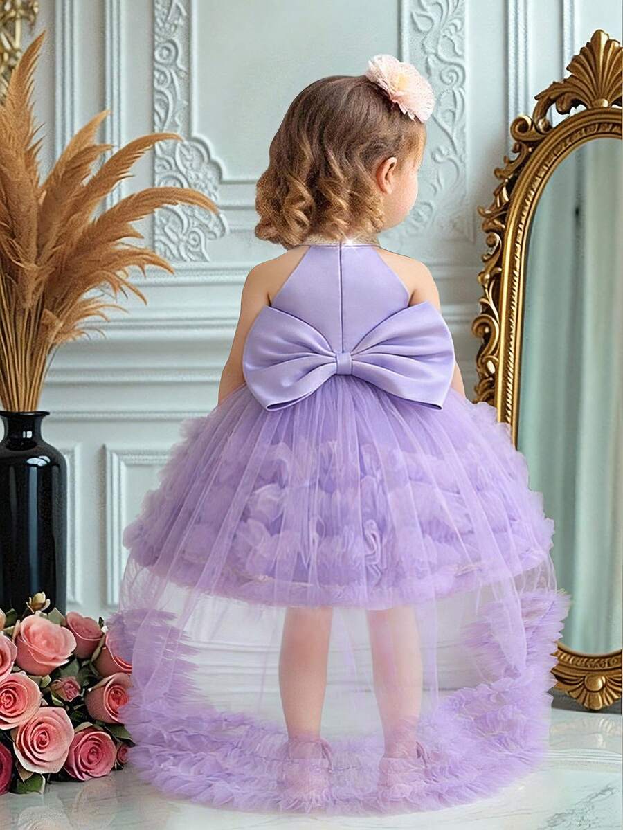 Baby Girls Sequin Mesh Backless Bow Cute 1st Birthday Trailing Dress, Suitable For Party, Flower Girl, Wedding, Without Headband - Mauve Purple - View 1