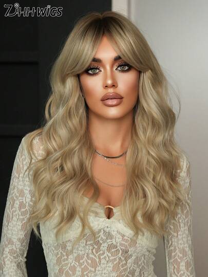7JHH WIGS Linen Blonde Wigs With Curtain Bangs For Women 22 Inch Medium Length Layered Wavy Wig Natural Looking Fluffy Hair Synthetic Heat Resistant Wig For Daily Party Wear, Office Or Music Festivals Celebrations Use, Mother's Gift Wig Accessories