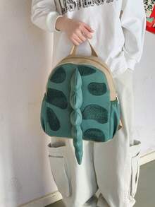 1pc Gray Dotted + 3D Tail Backpack, Zipper Closure, Cute Style, Suitable For Outings And School, All Seasons - Green - View 10